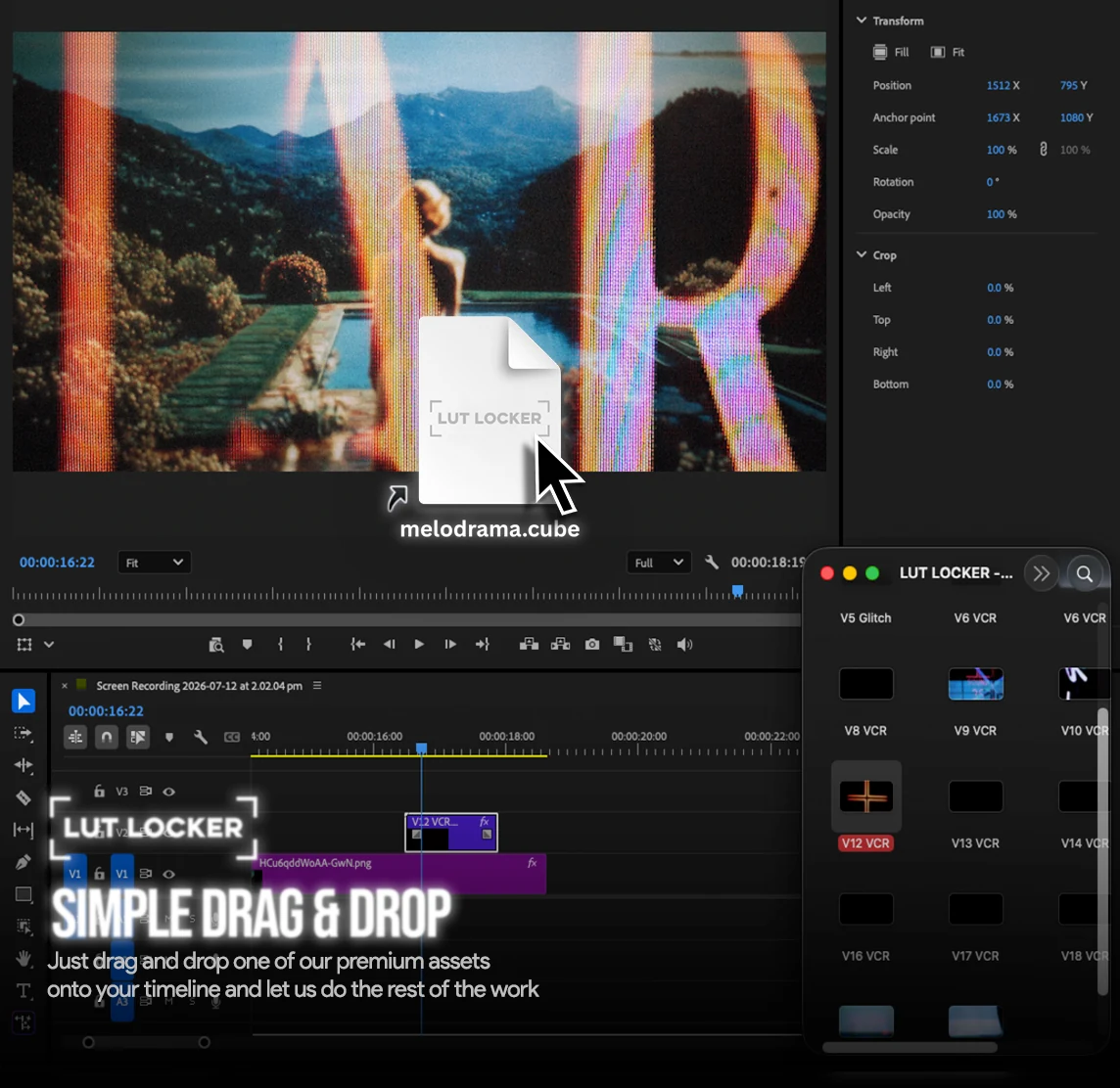 Drag and drop a LUT Locker preset straight onto your timeline